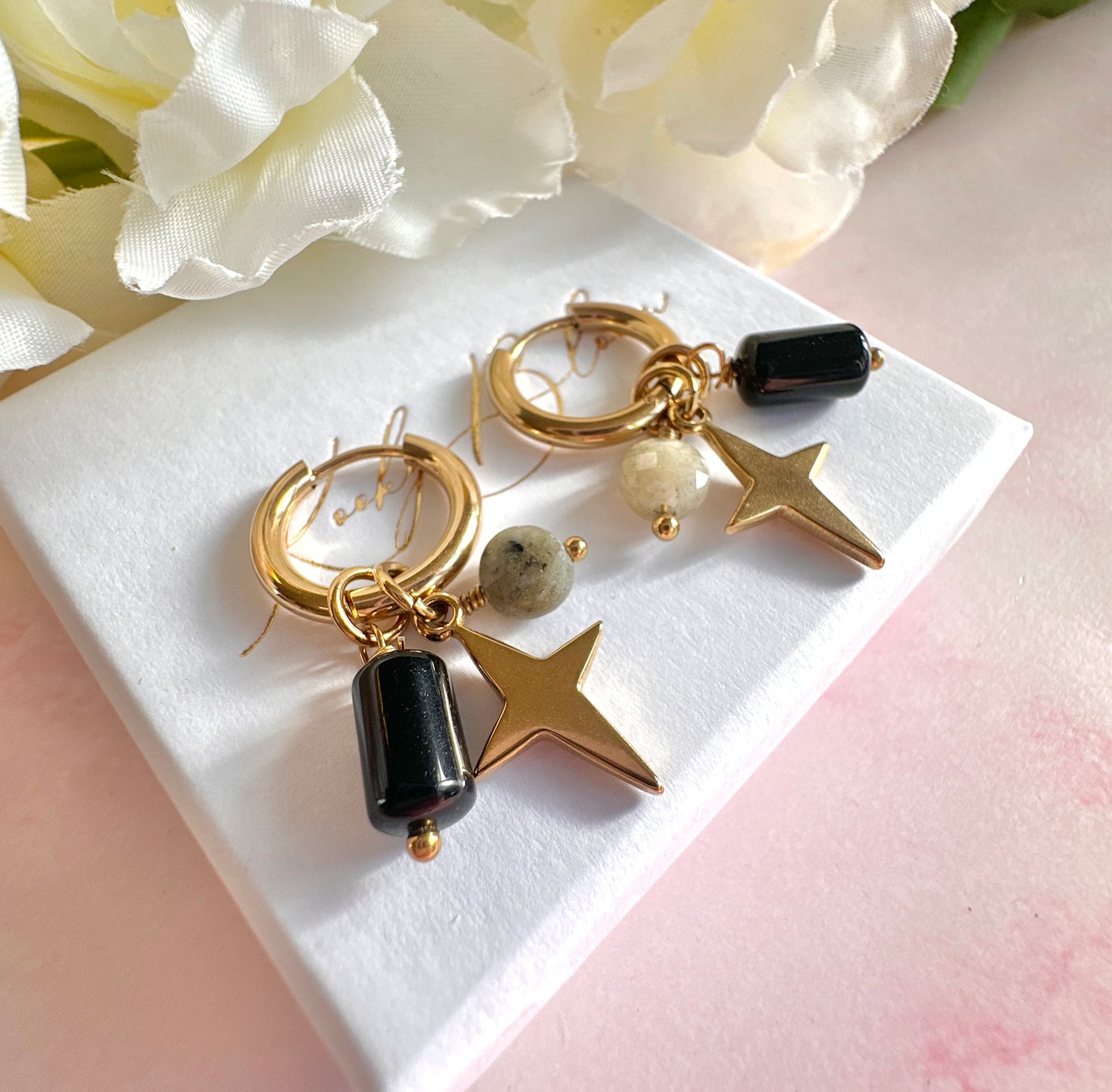 Gold Star Gemstone charm hoop earrings
