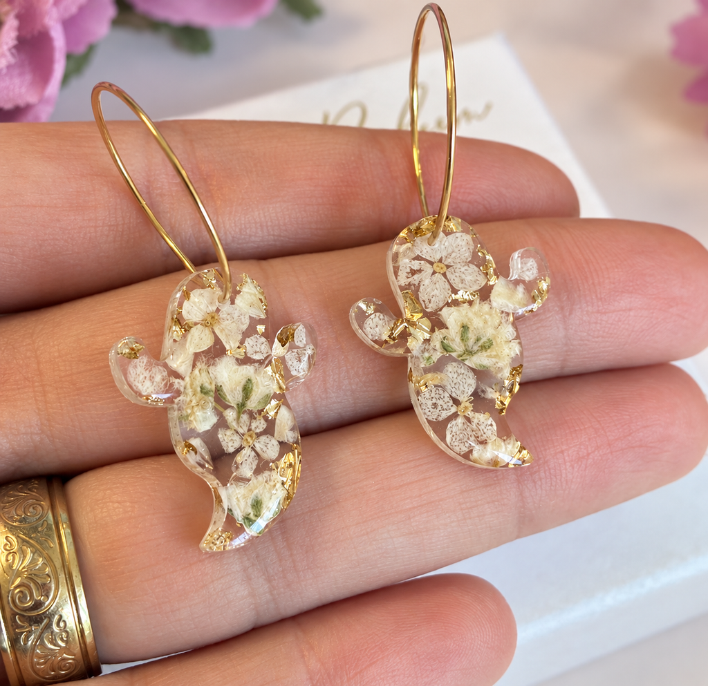 White real flower Ghost hoop earrings