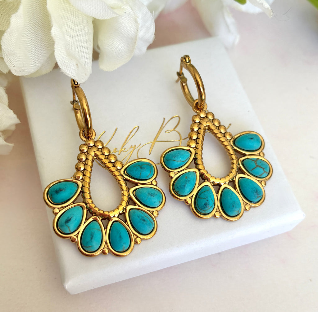Gold turquoise Boho hoop earrings.