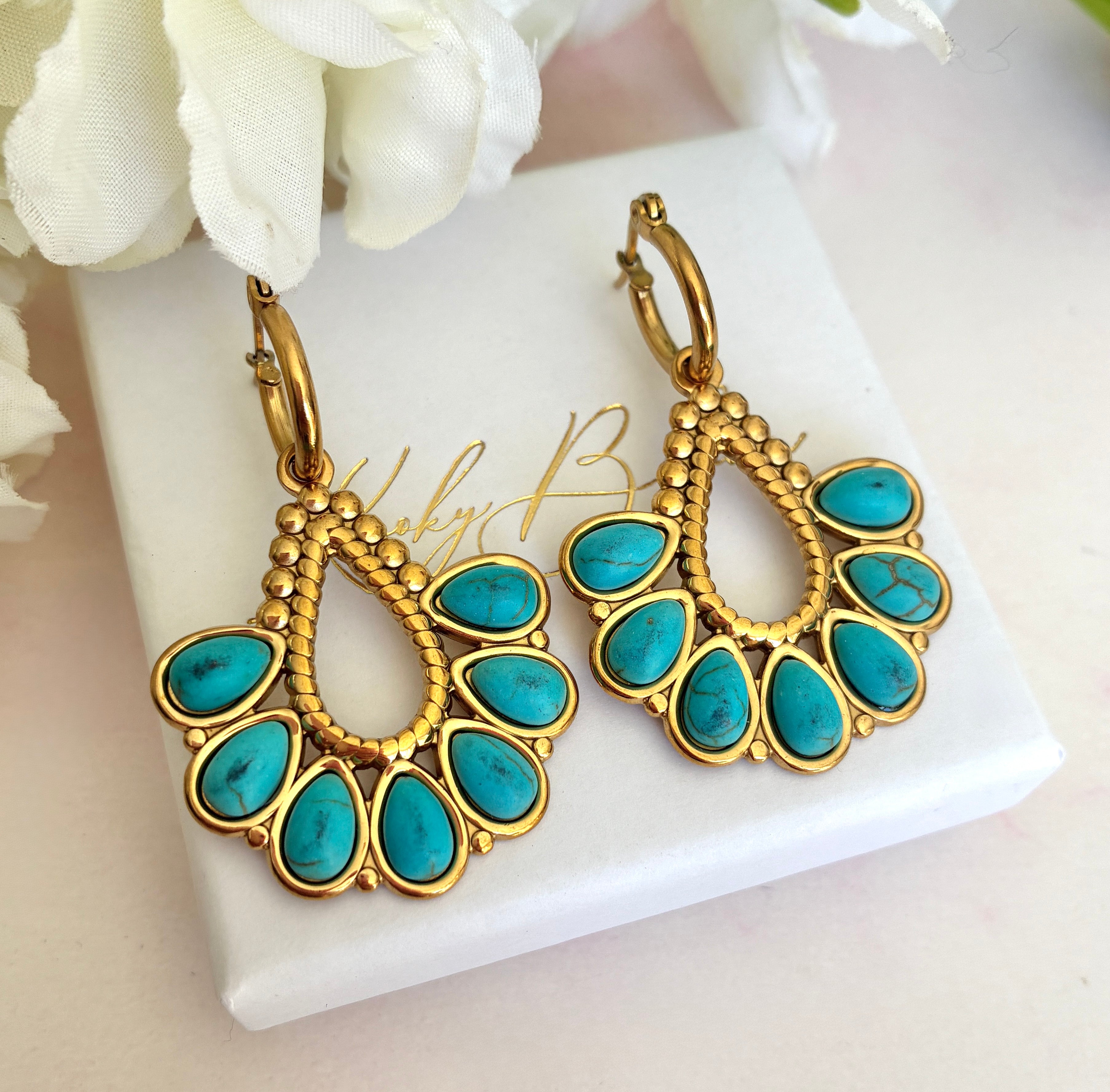 Gold turquoise Boho hoop earrings.