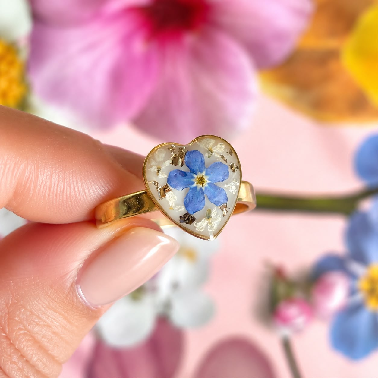 Gold Forget me not flower Heart ring.
