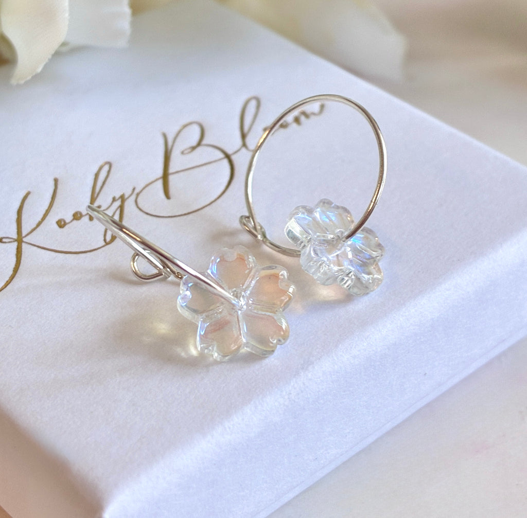 925 Sterling silver Iridescent AB Glass flower hoop earrings.