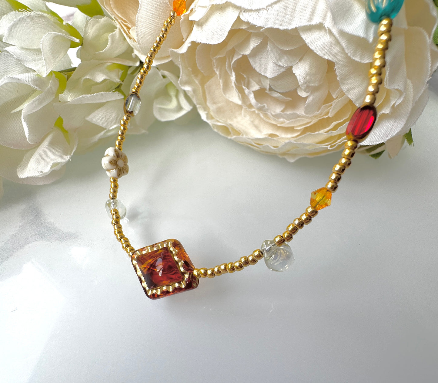 Gold Boho glass Beaded necklace.