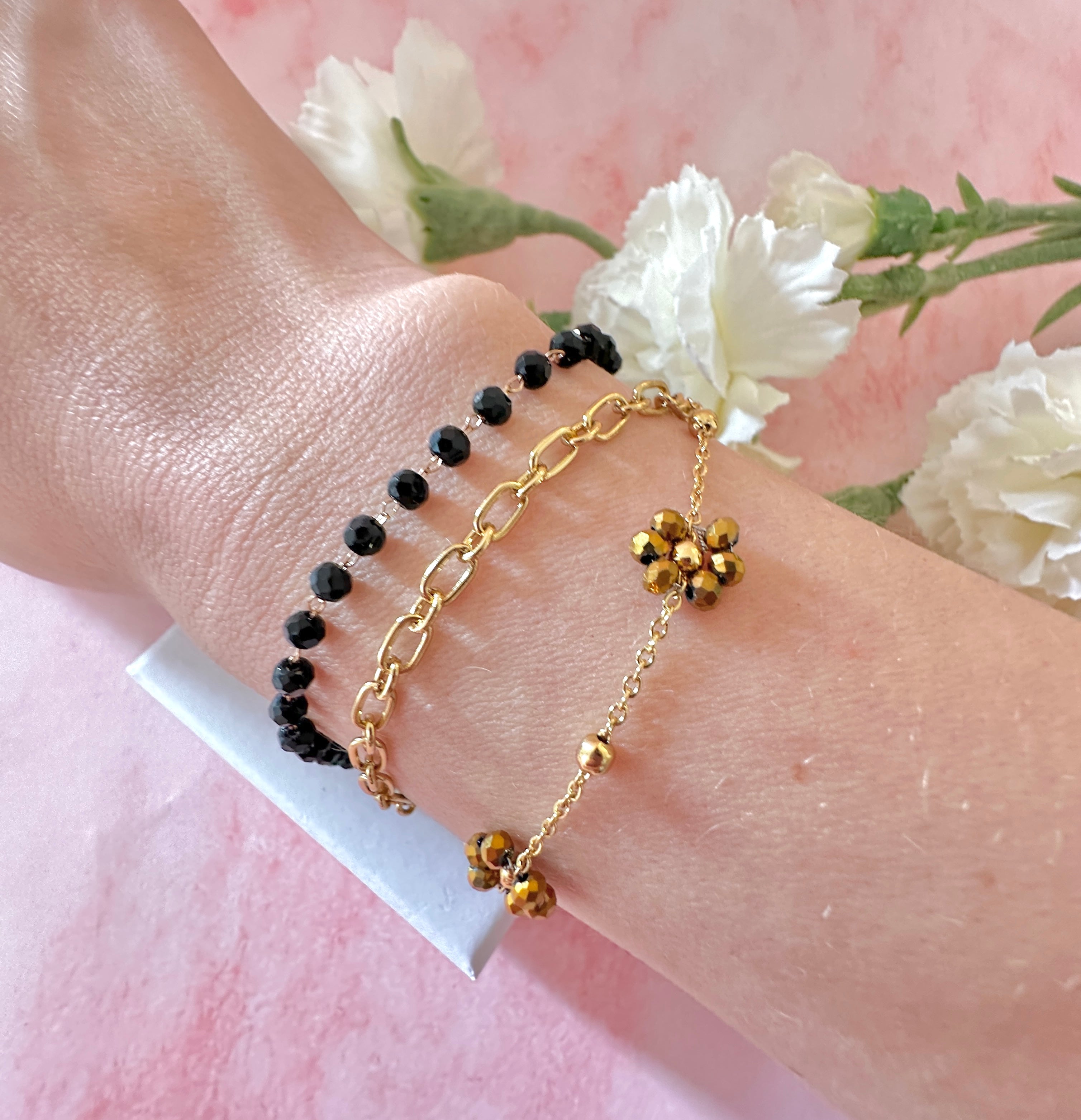 Gold & Black layered beaded Flower bracelet.