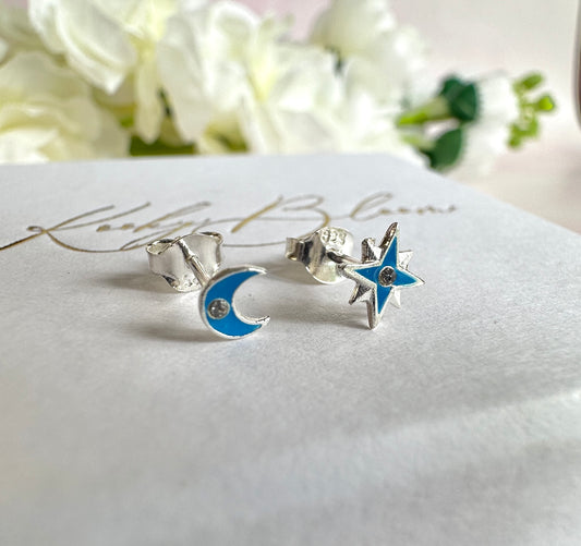 925 sterling silver Blue moon & star stud earrings.