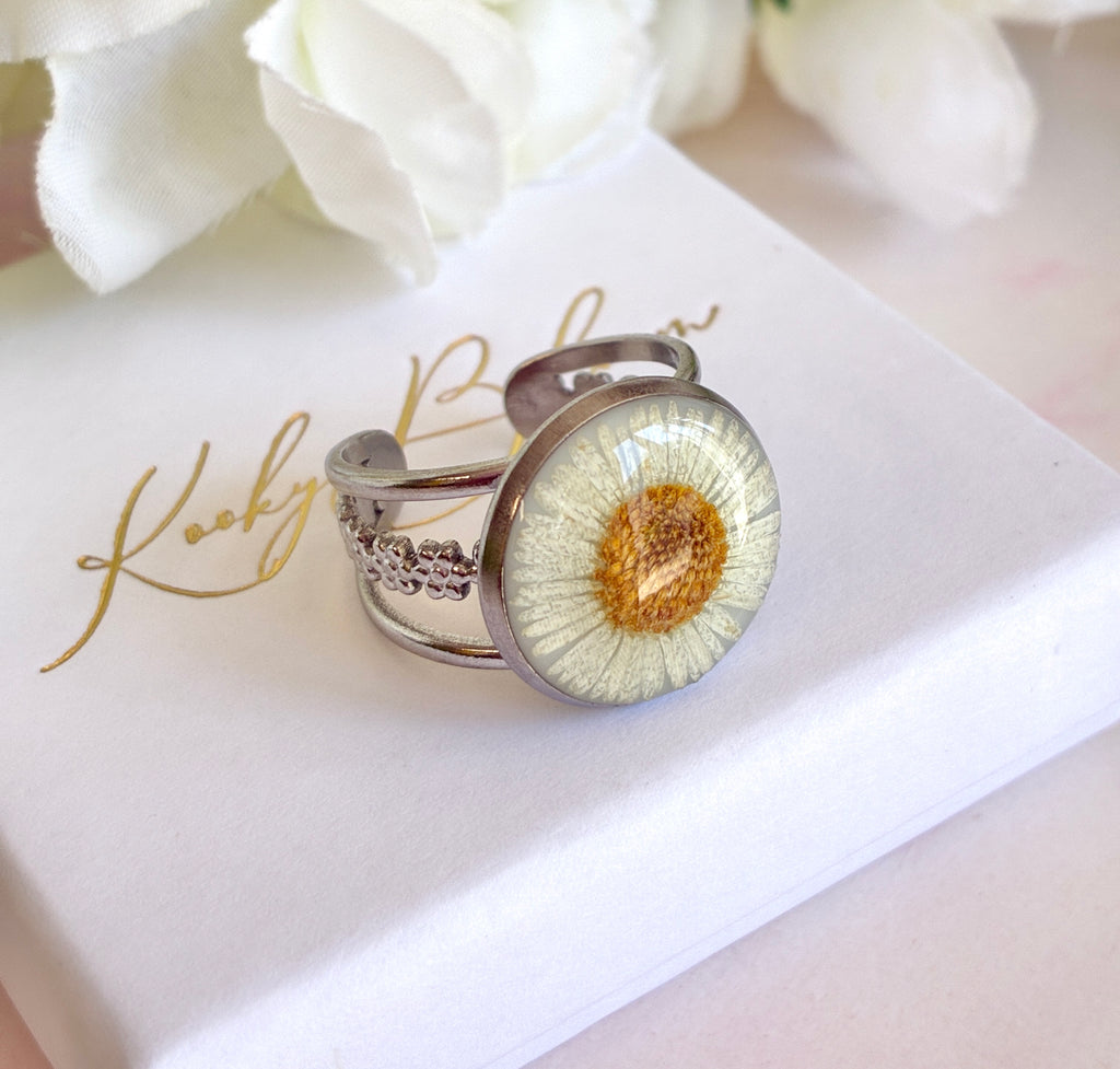 Silver Daisy Bloom cuff ring.