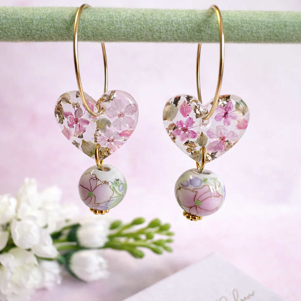 Ceramic bead drop bloom Heart hoop earrings