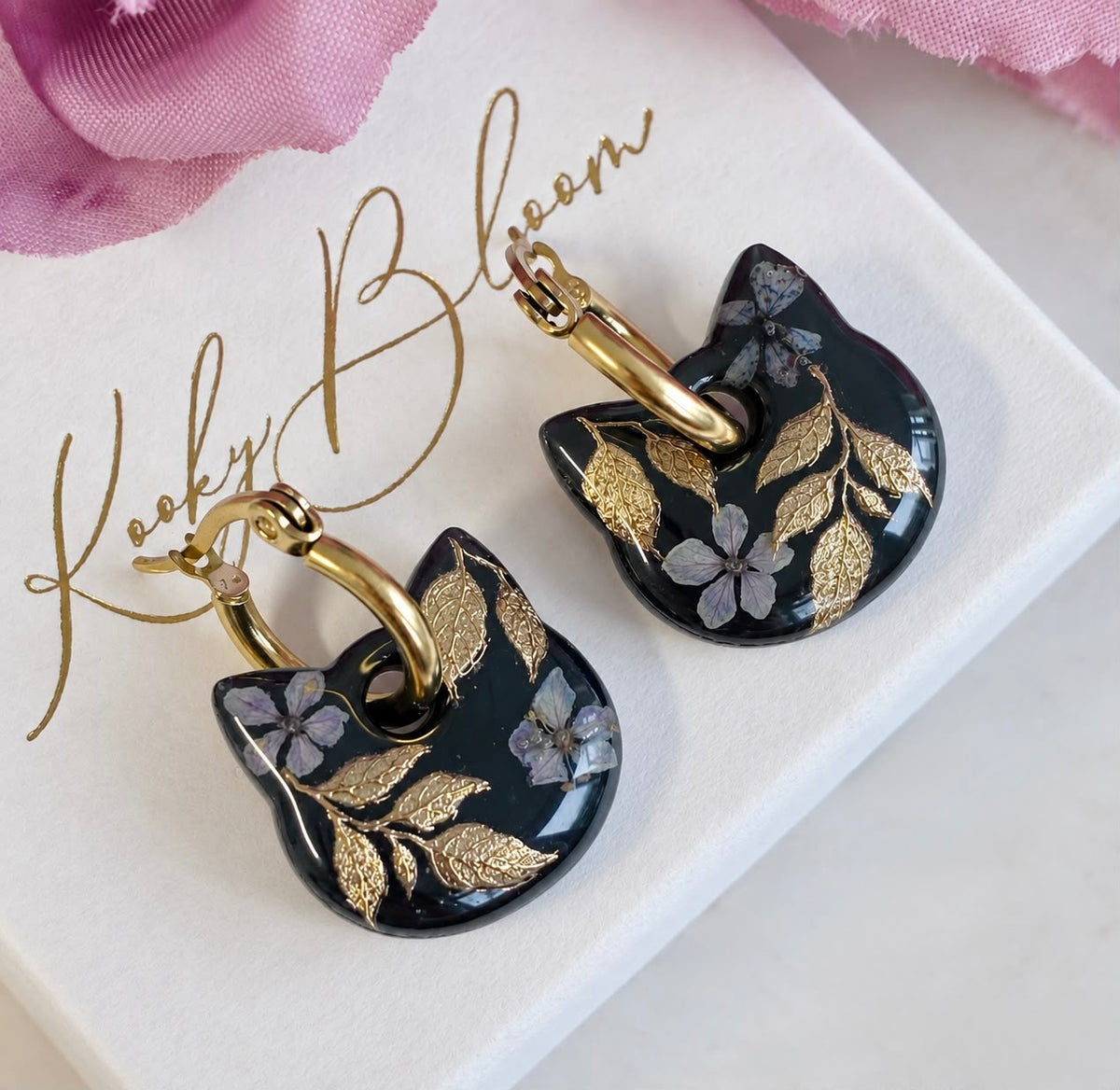 Black Bloom Mystical Cat hoopearrings.