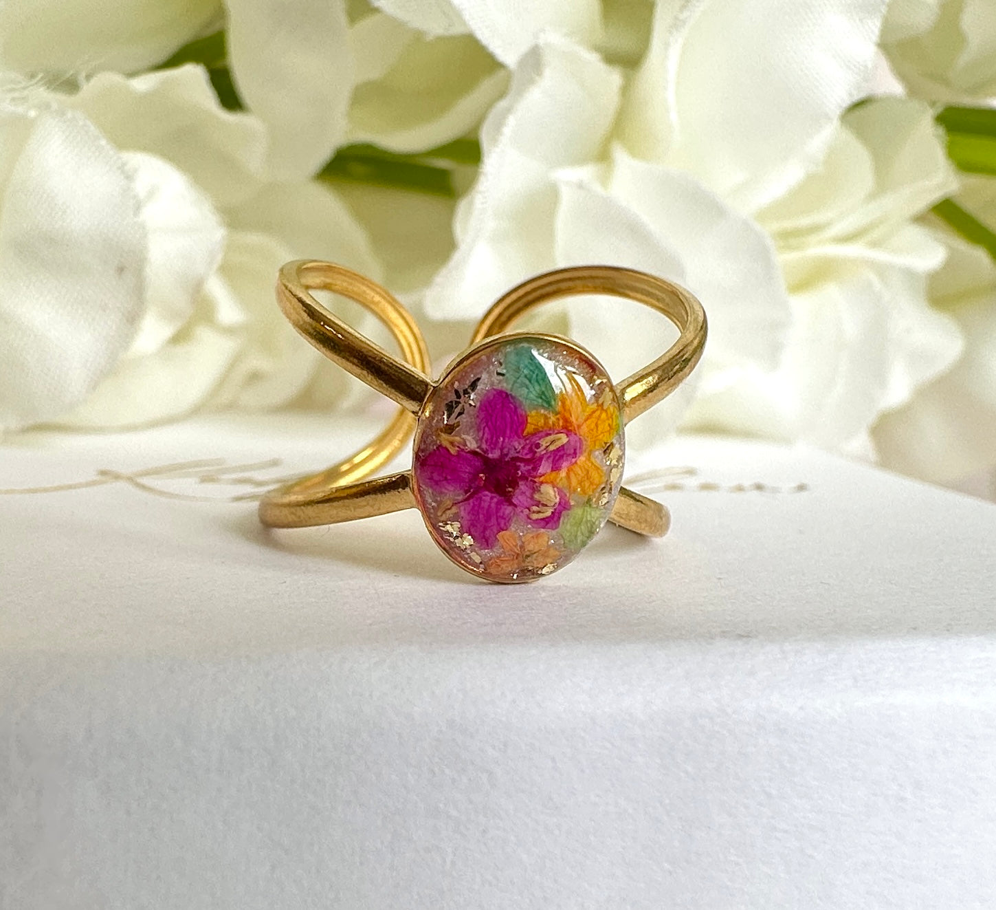 Gold Multicoloured Flower wrap cuff ring.