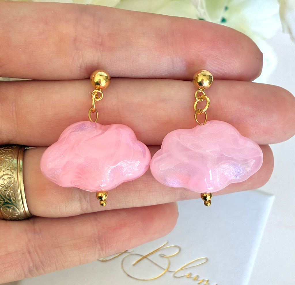 Gold Pink Cloud stud drop earrings.