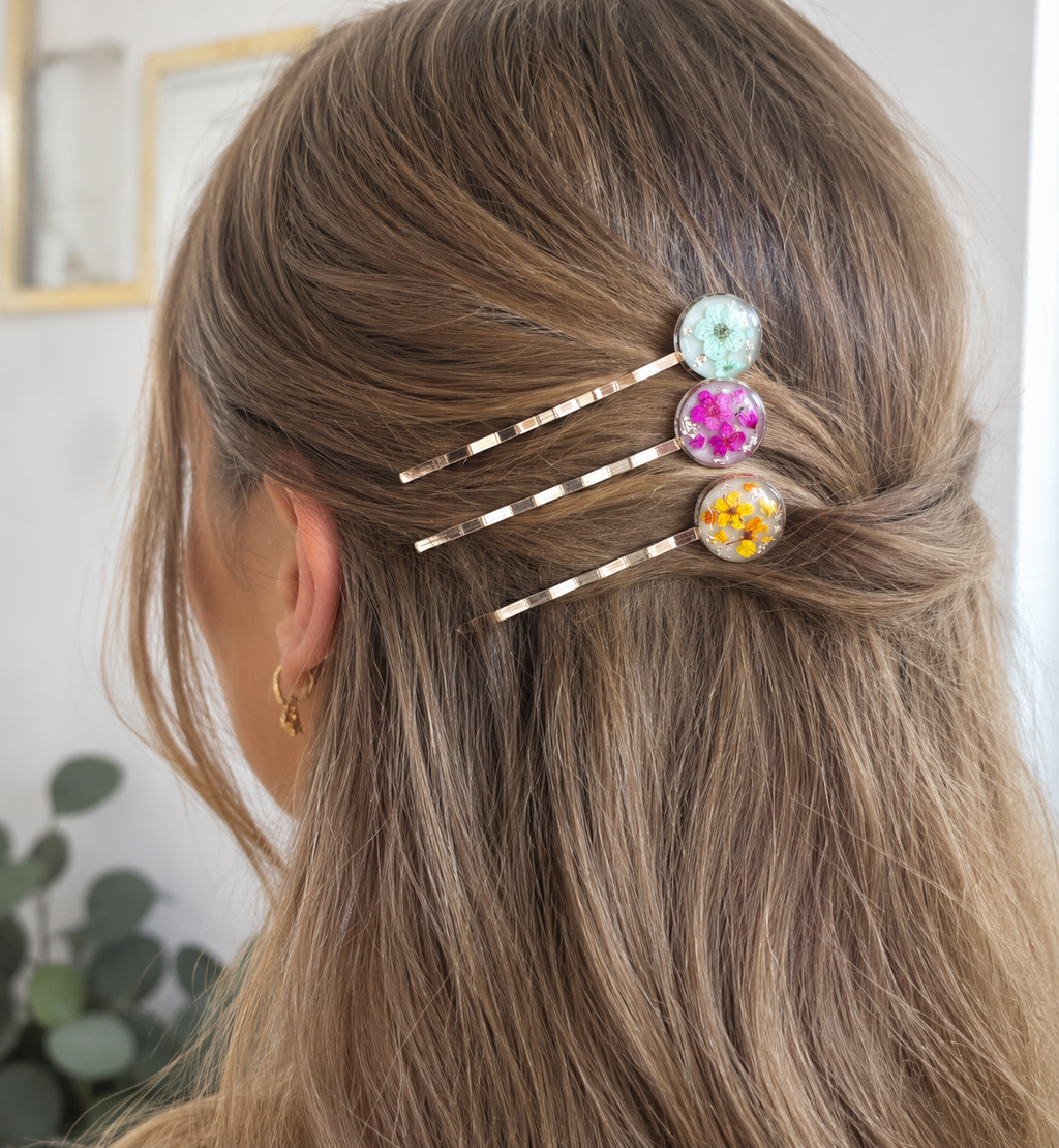 Silver set of 3 Bloom flower hair slides.