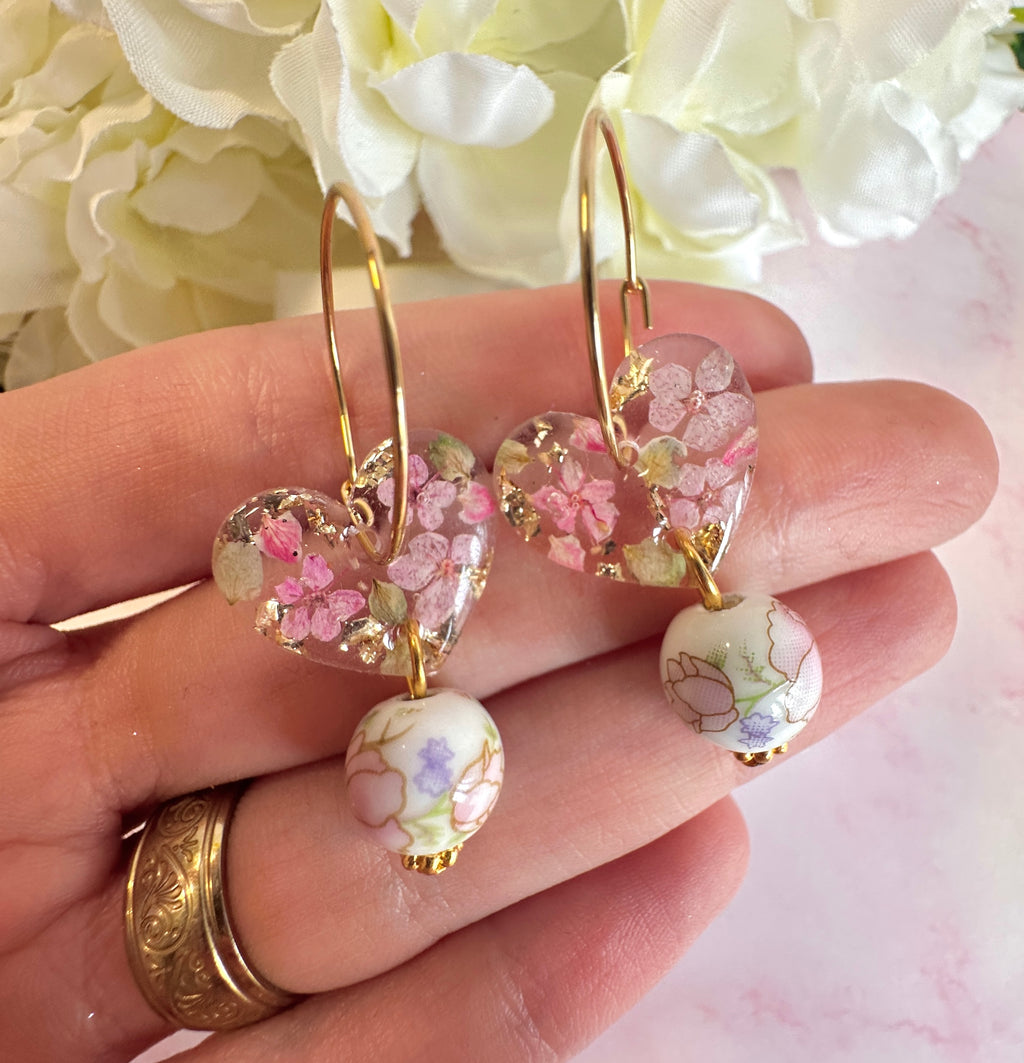 Ceramic bead drop bloom Heart hoop earrings