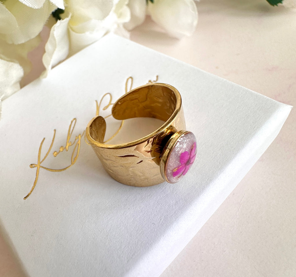 Gold chunky Pink elderflower Cuff ring