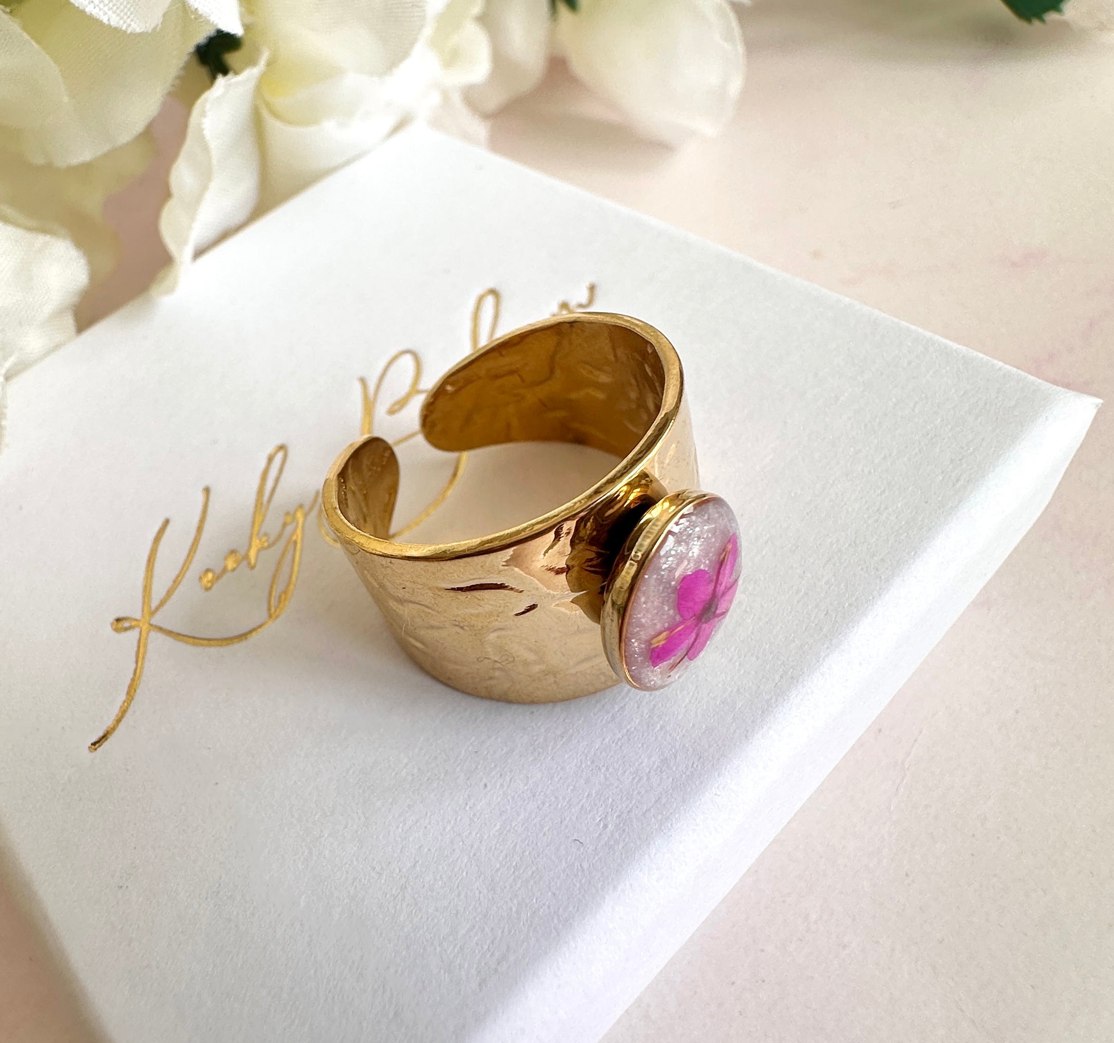 Gold chunky Pink elderflower Cuff ring