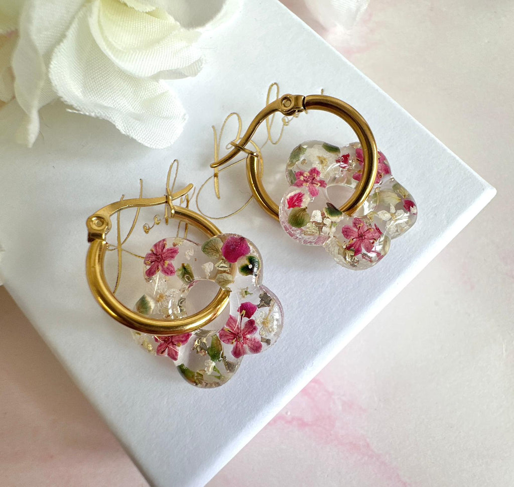 Raspberry ripple Bloom Flower hoop earrings.