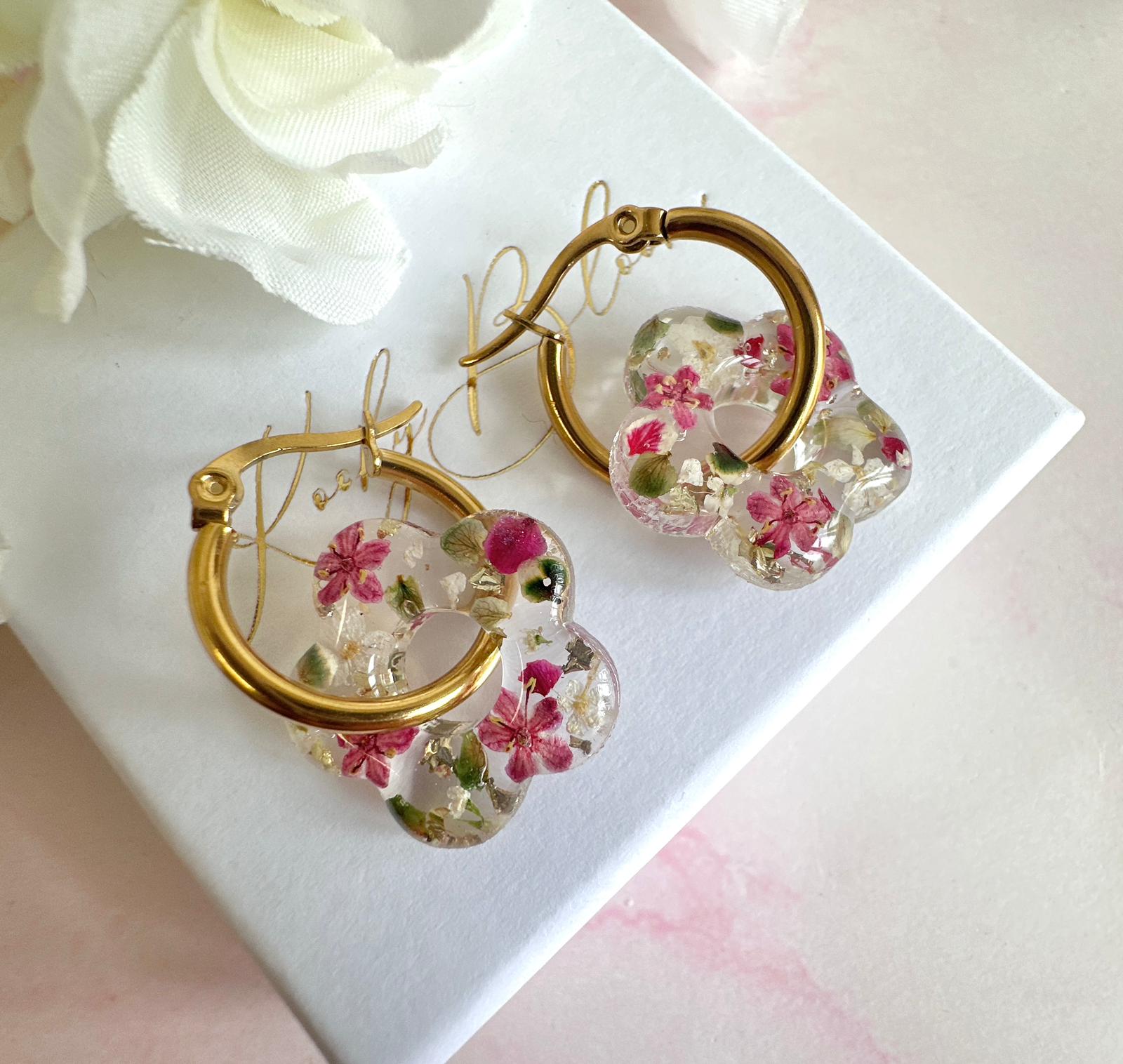 Raspberry ripple Bloom Flower hoop earrings.