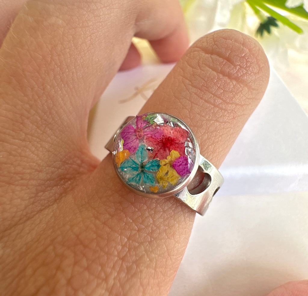 Silver Heart Cut out Multicoloured bloom cuff ring.