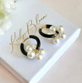 Gold Black & Pearl flower bead hoop earrings.
