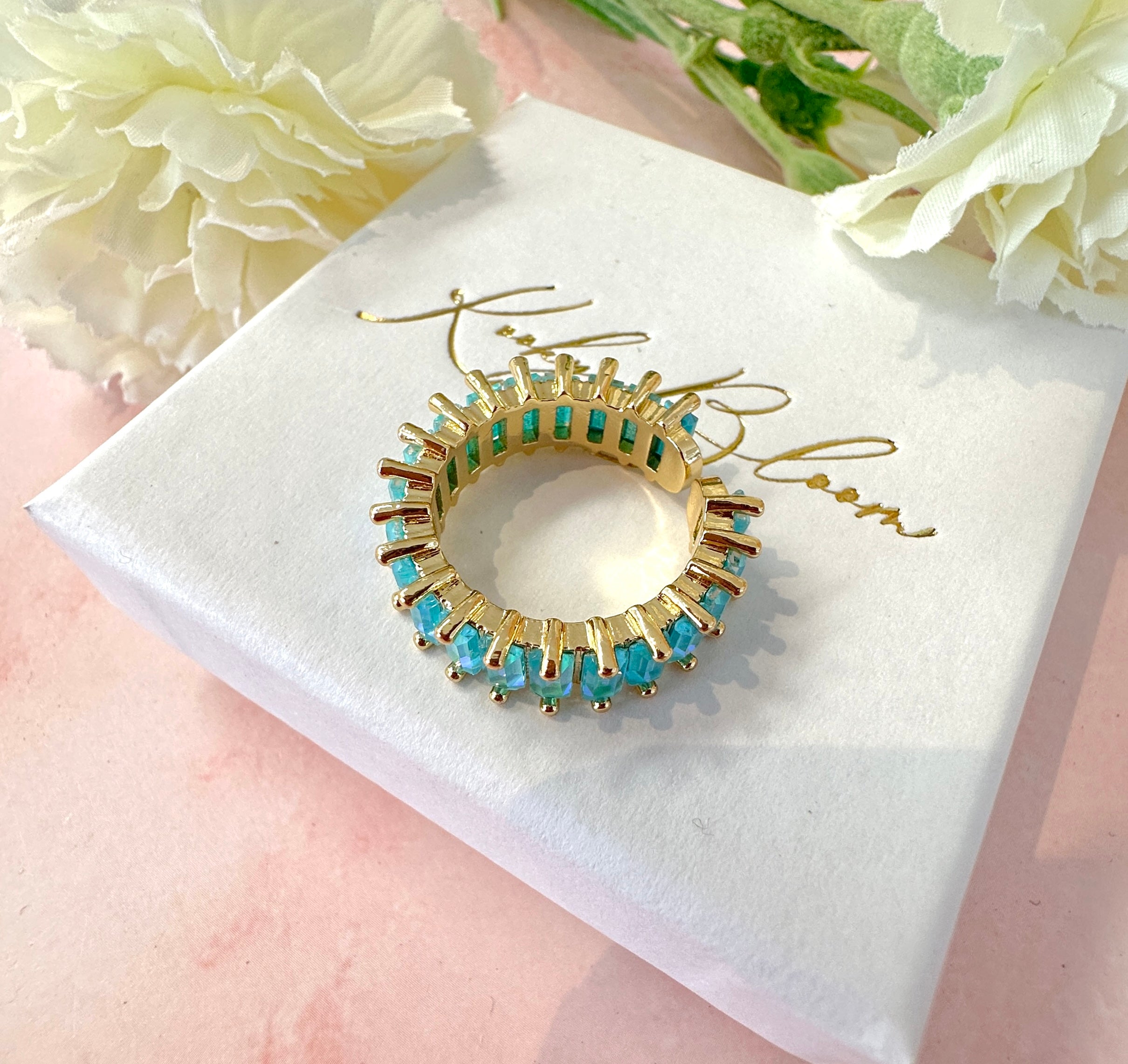 Gold Blue rectangle stone Adjustable ring.