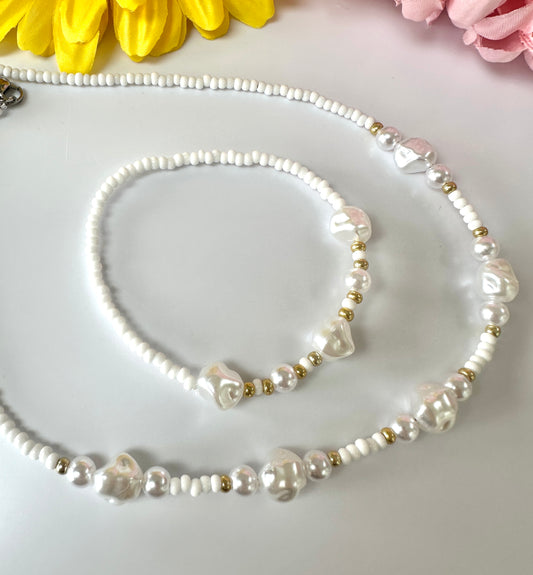 White gold bead Pearl nugget Necklace & Bracelet set.