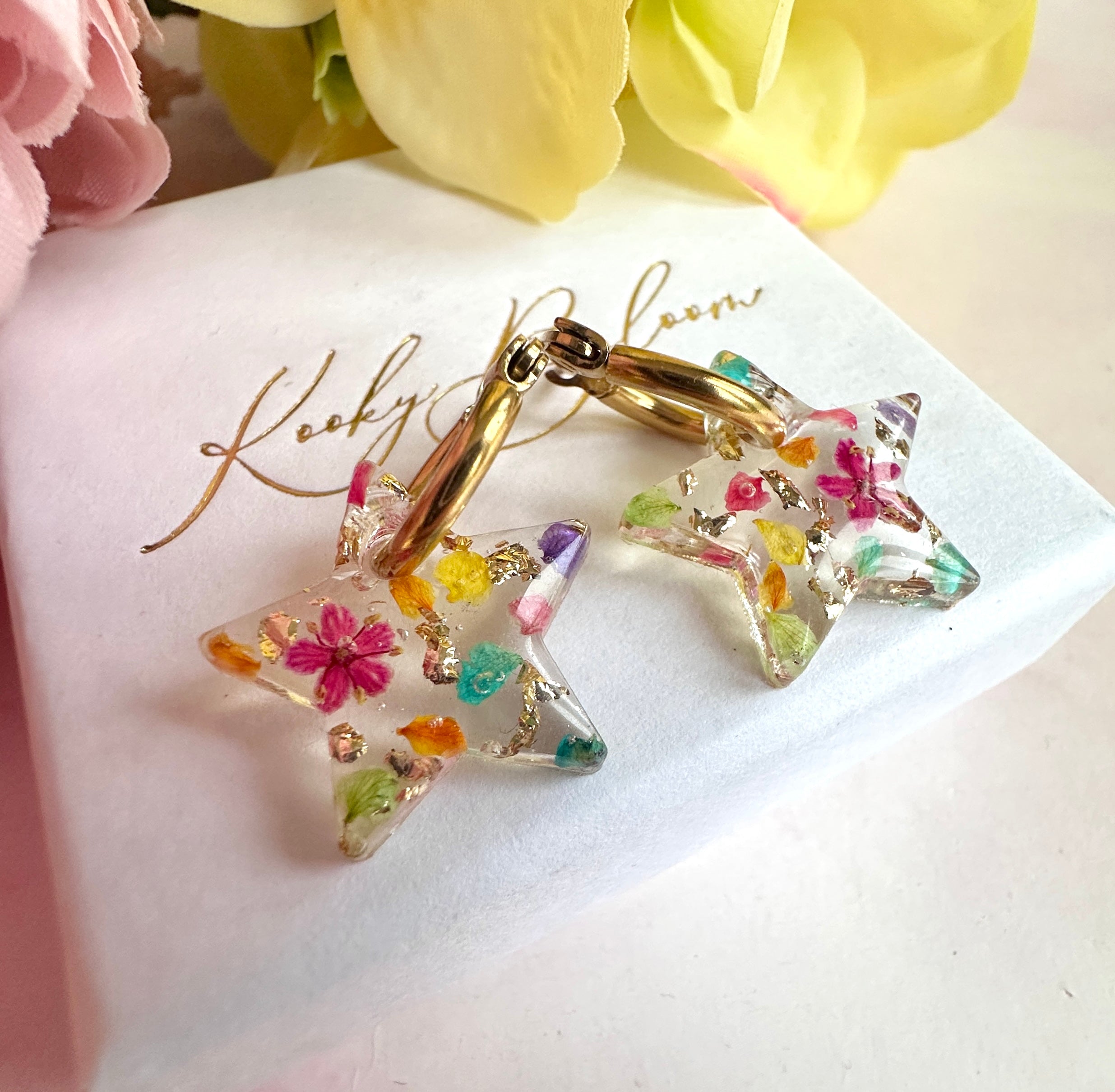 Rainbow petal confetti Star hoop earrings