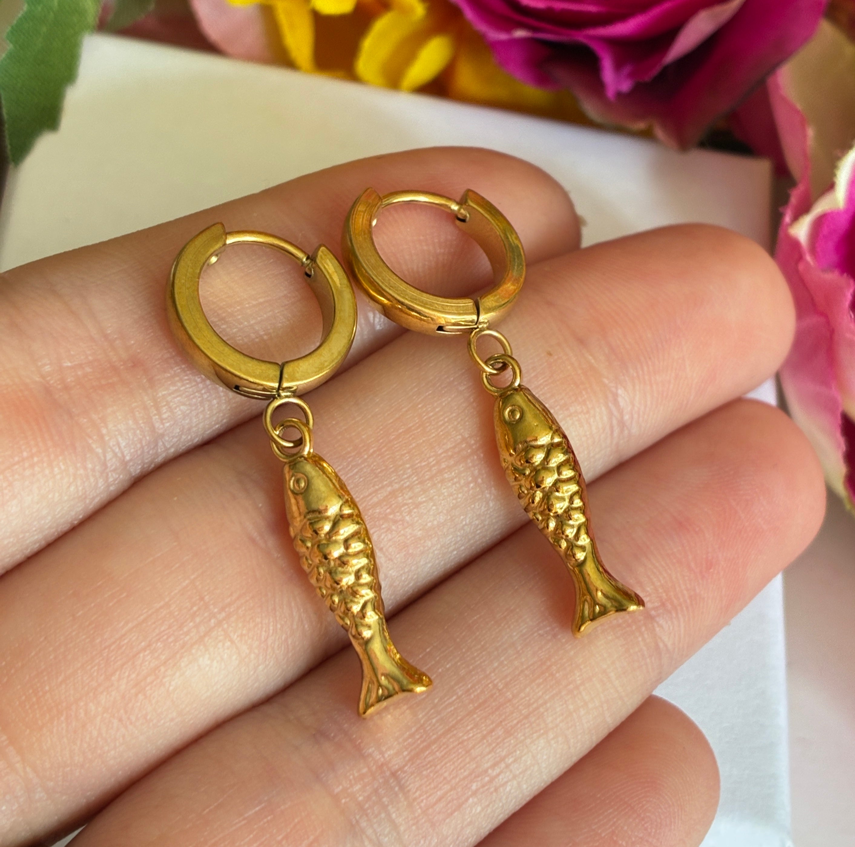 Gold Fish drop huggie hoop earrings