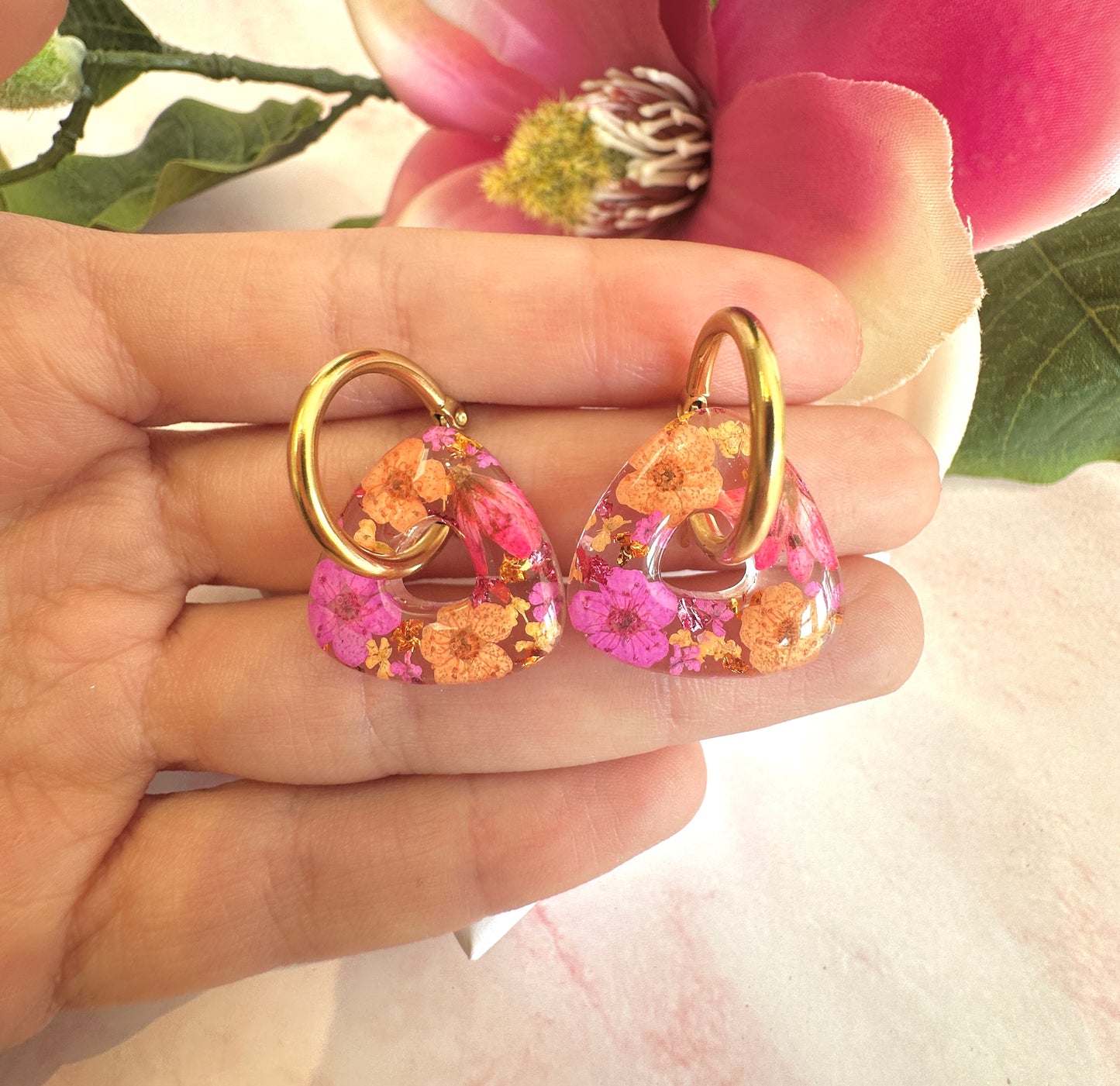 Neon Pink Orange Bloom Triangle Hoop earrings.