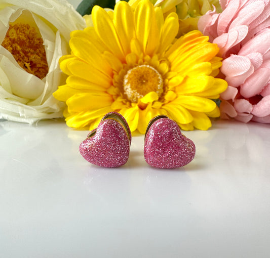 Pink glitter Double sided heart Gold Earrings.