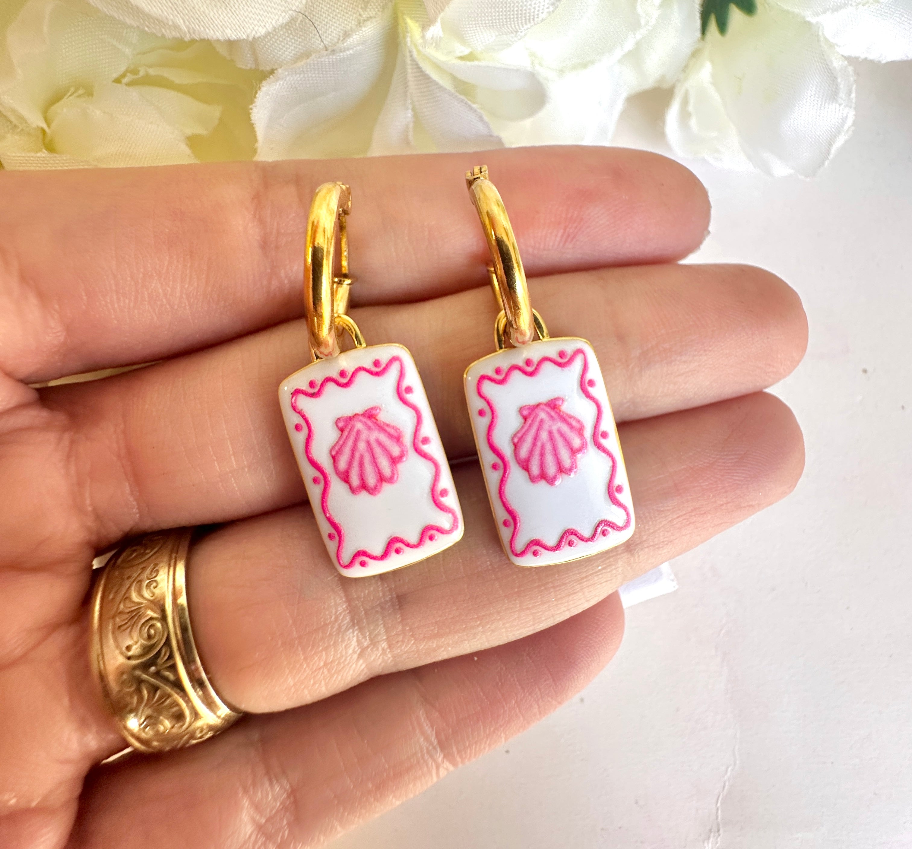 Gold pink SeaShell rectangle hoop earrings.