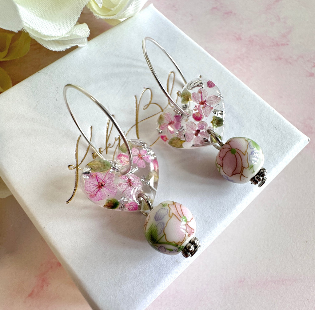 Ceramic bead drop bloom Heart hoop earrings