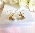 Gold starfish seashell Cz pearl stud earrings.