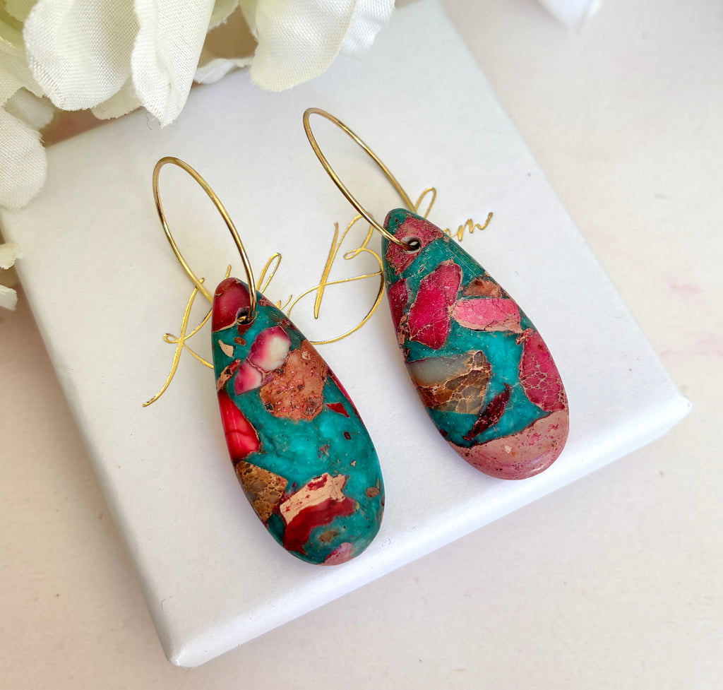 Pink Blue turquoise Jasper teardrop hoop earrings