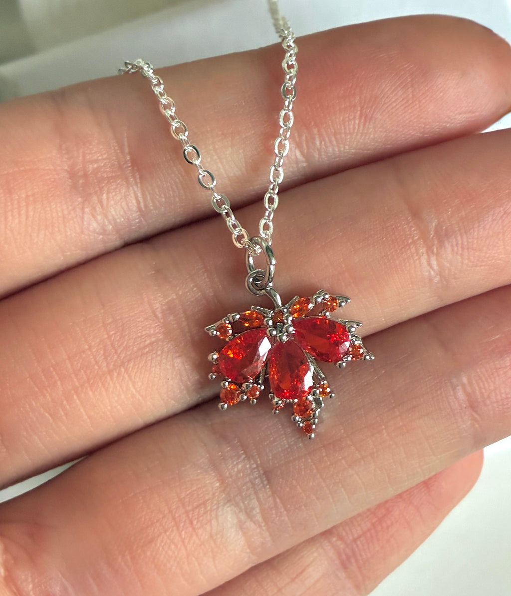 Silver CZ Autumn leaf necklace.