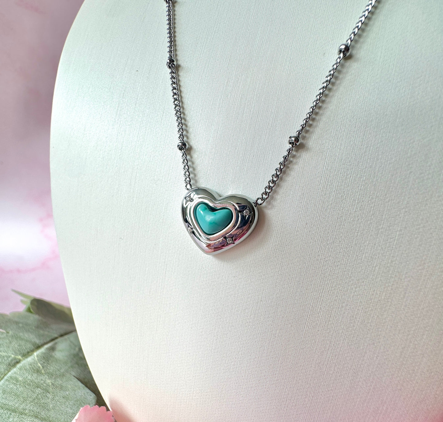 Silver Turquoise heart satellite chain necklace.