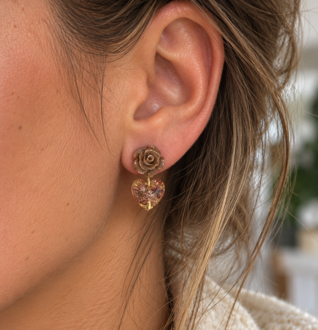Chocolate Rose Heart Drop Stud Earrings.