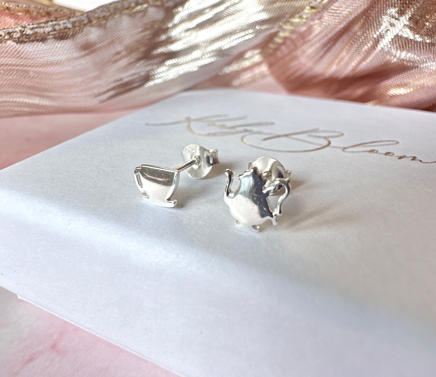 925 sterling silver Teapot & Cup stud earrings.