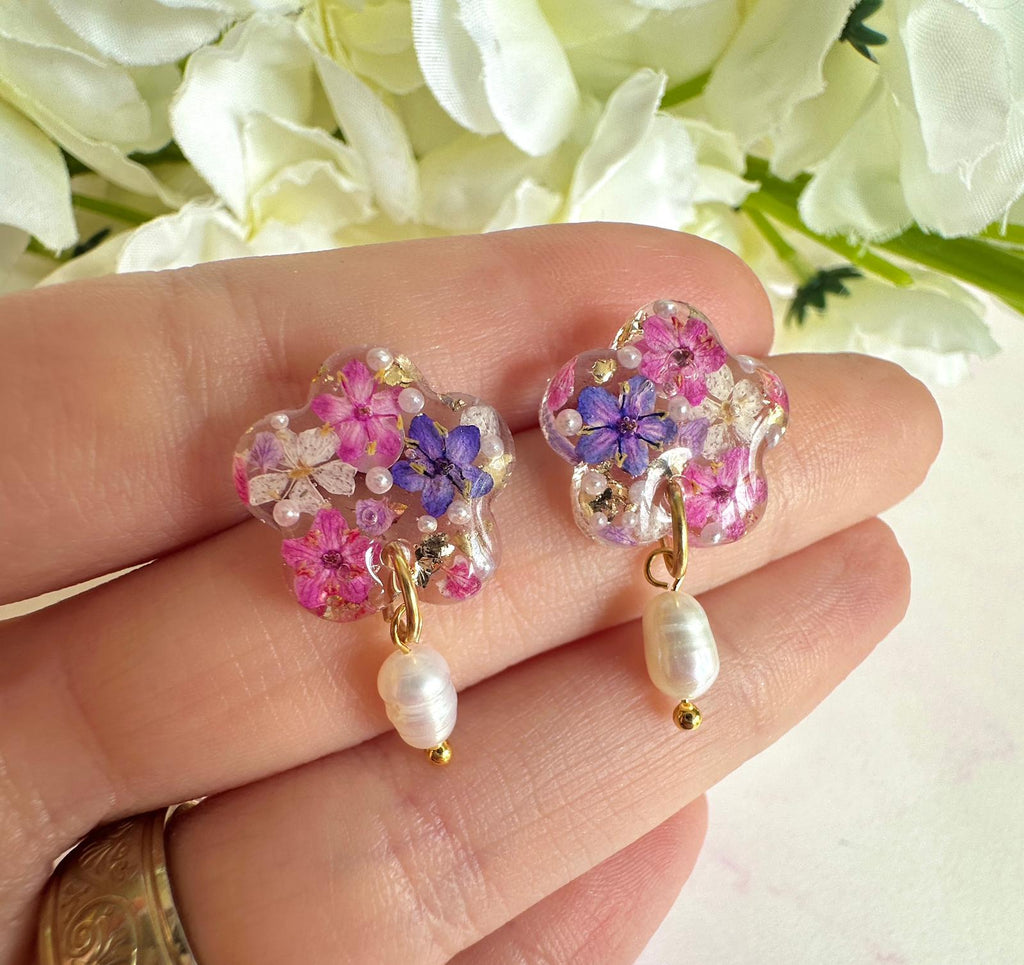 Purple pink Flower pearl drop studs.
