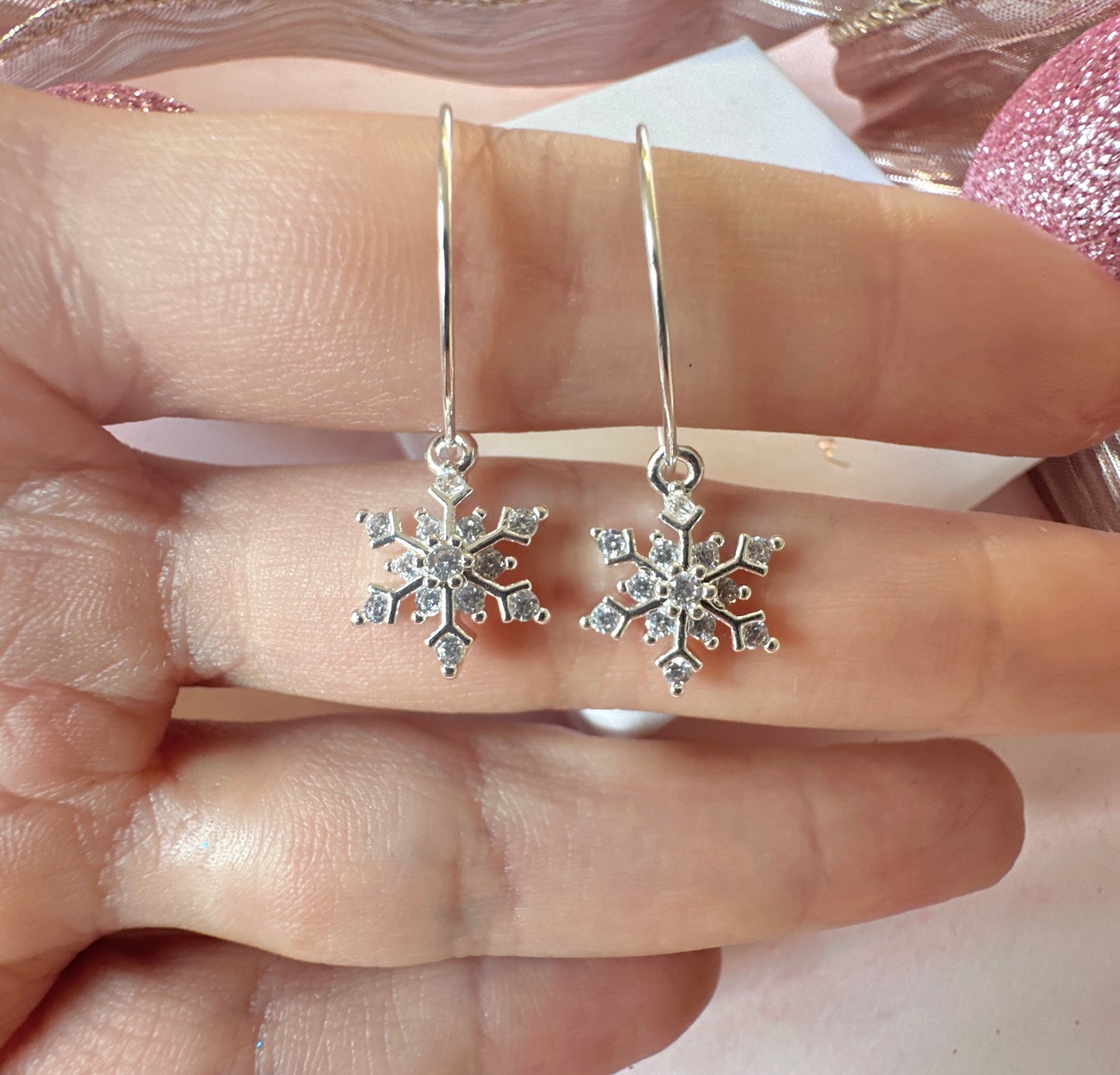 Silver CZ snowflake 925 Sterling hoop earrings.