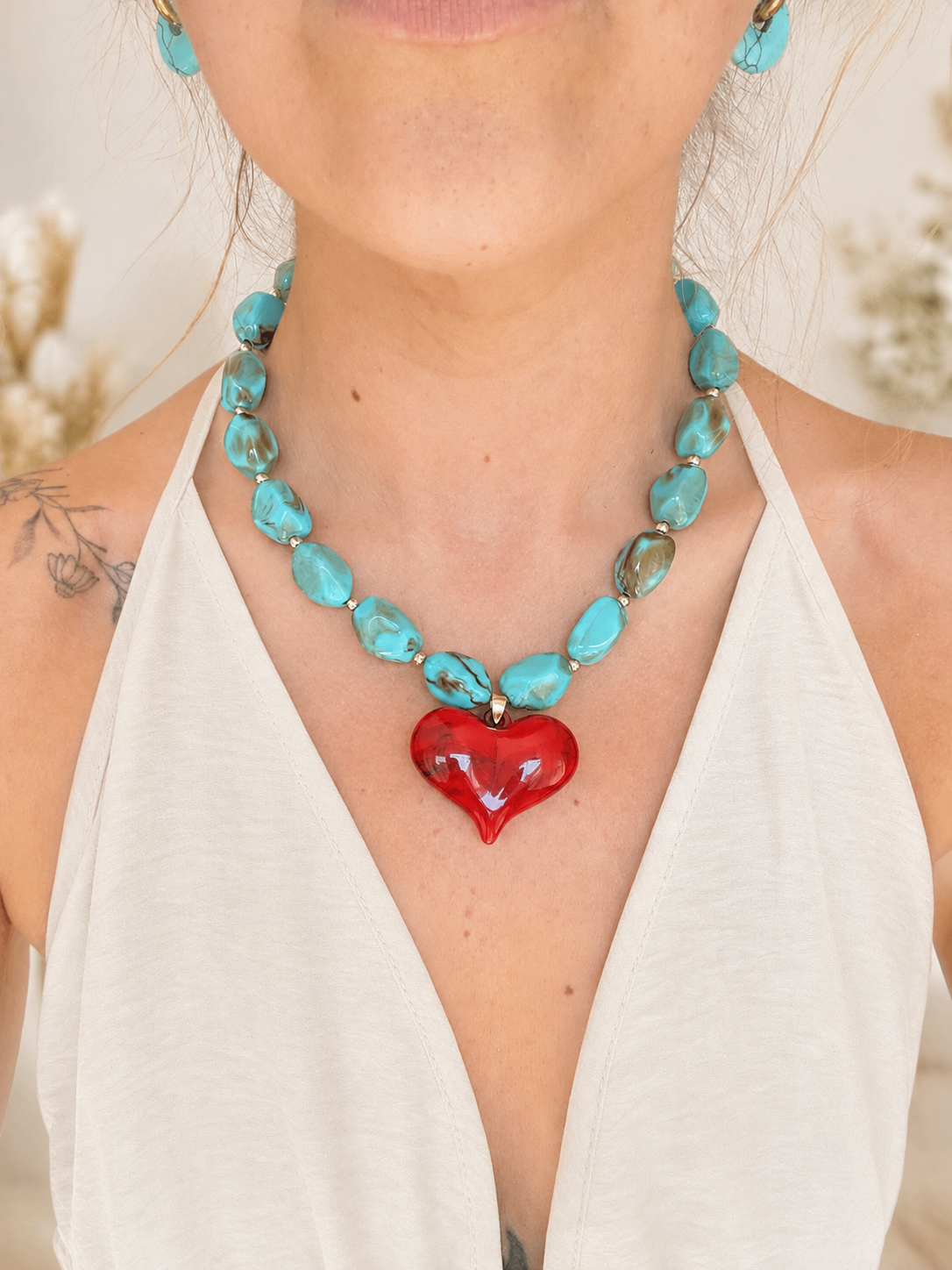 Chunky turquoise Red heart necklace.
