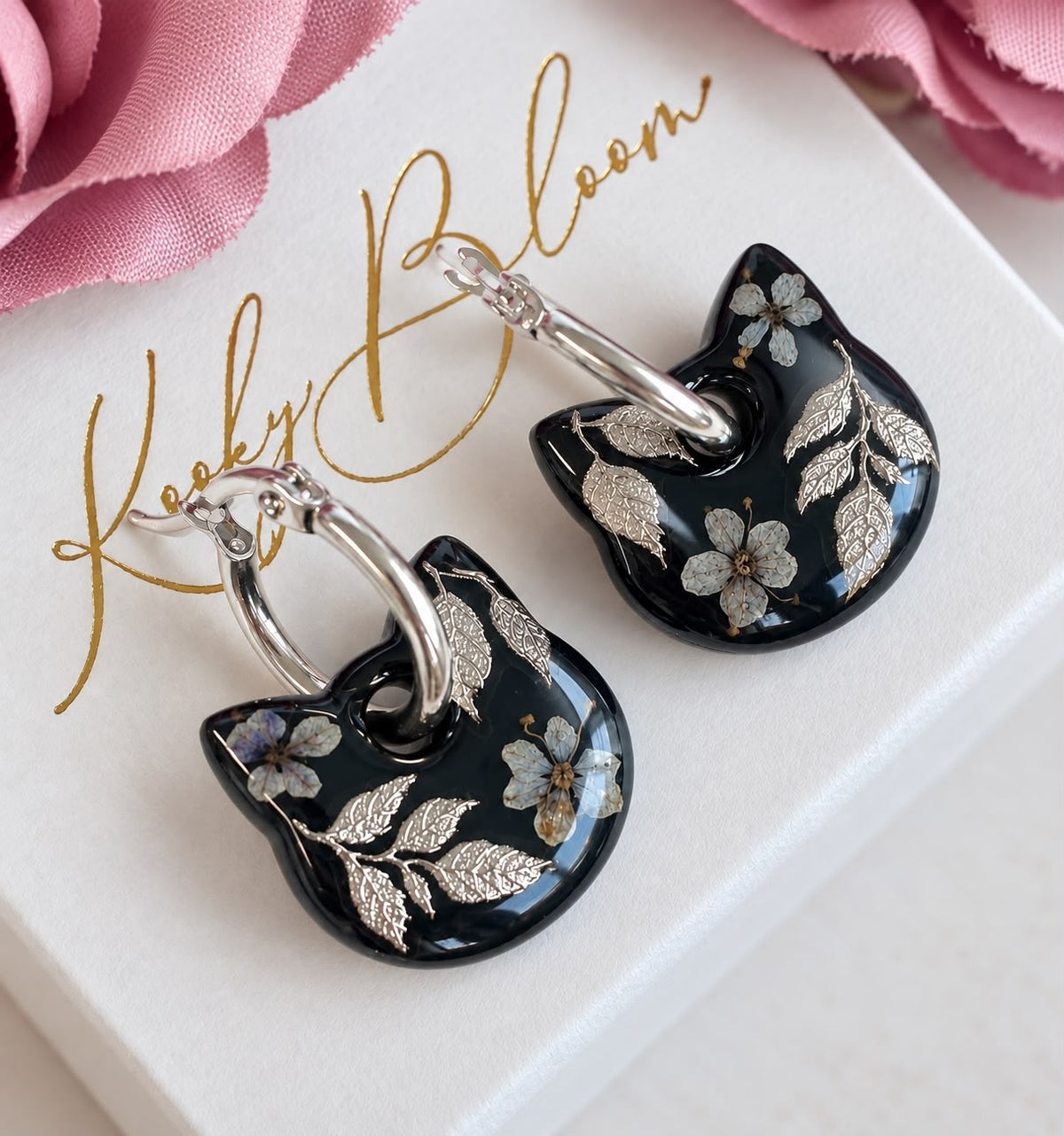 Black Bloom Mystical Cat hoopearrings.