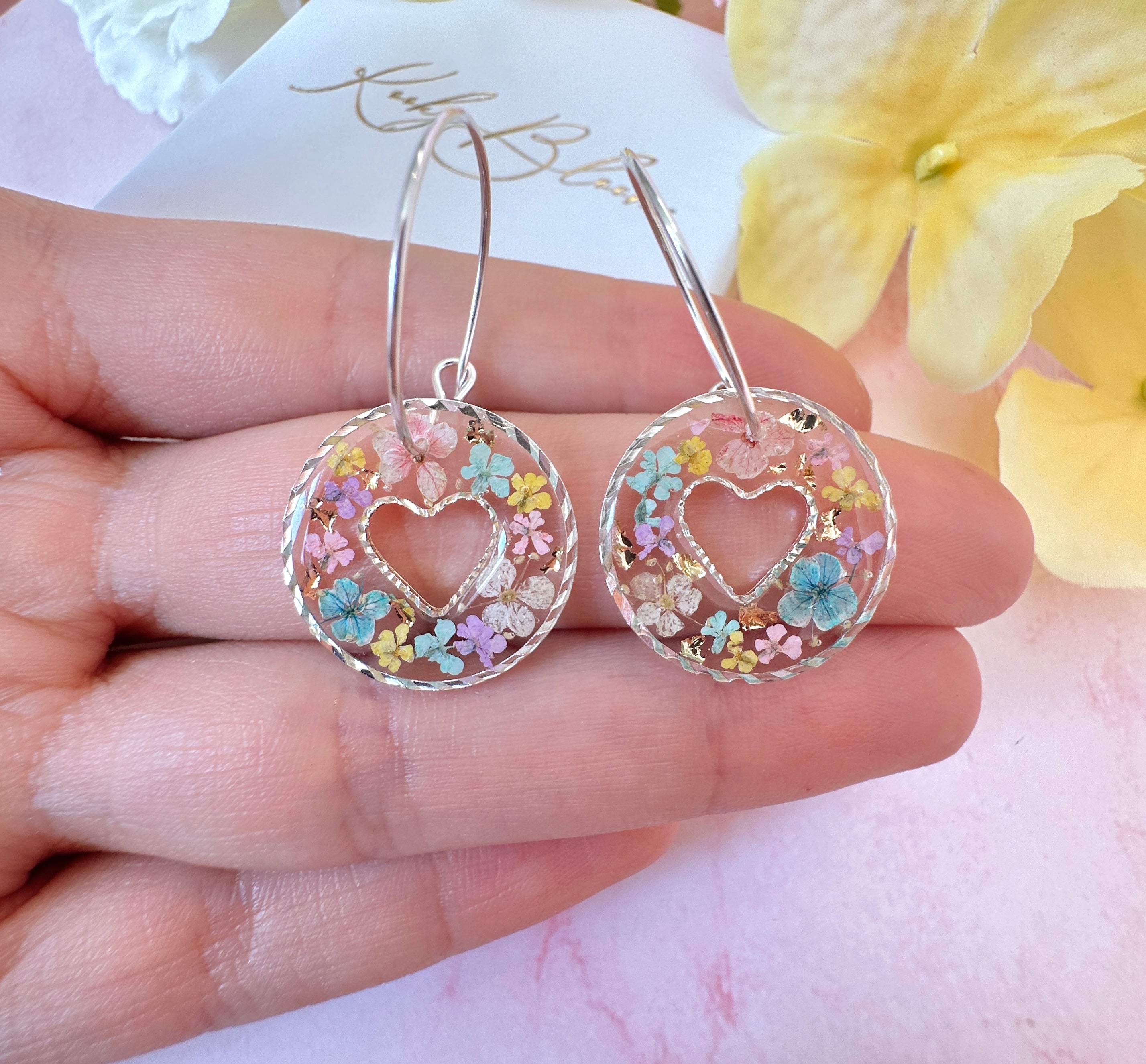 Pastel confetti flower Heart hoop earrings.