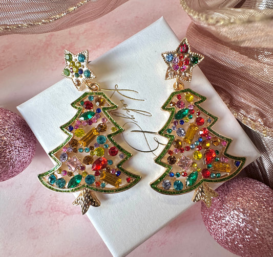Gold large Bling multicoloured Christmas tree earrings.