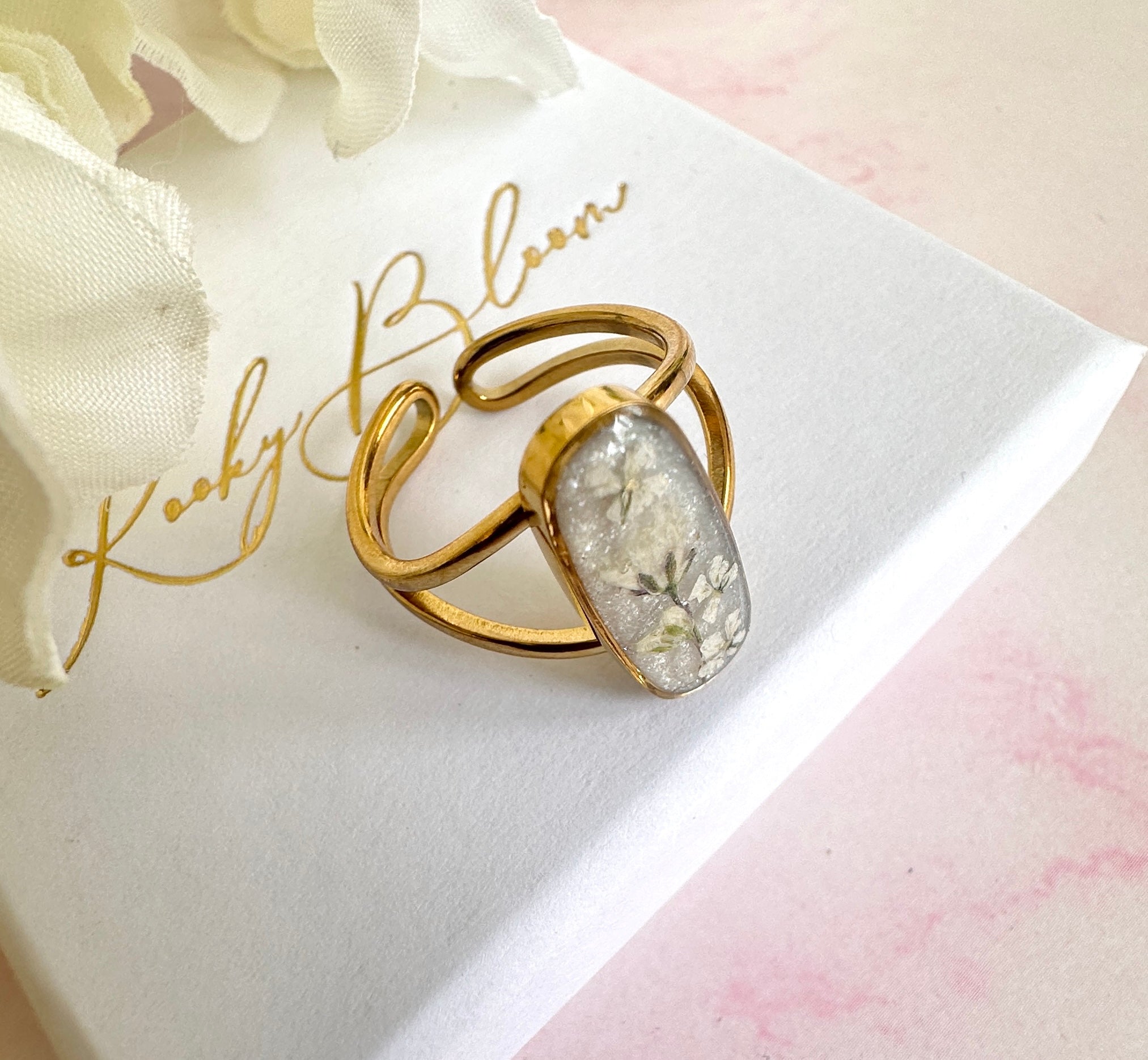 Gold wrap around Real gypsophila flower ring.