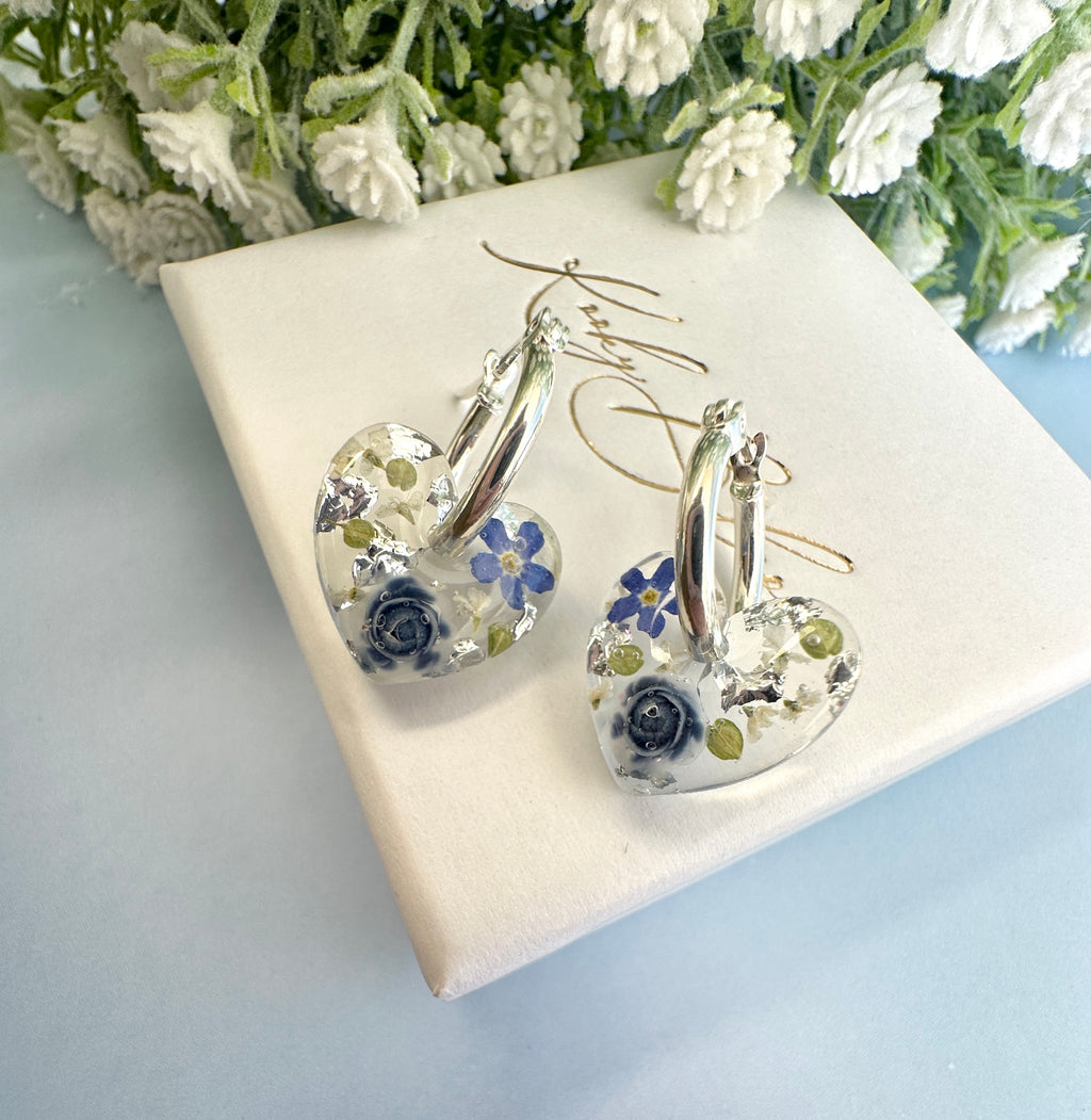 Mini Powder Blue Forget me not heart hoop earrings.