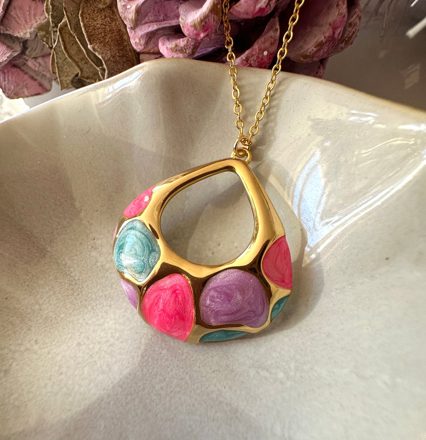 Gold Tortoise shell Pink Blue necklace.