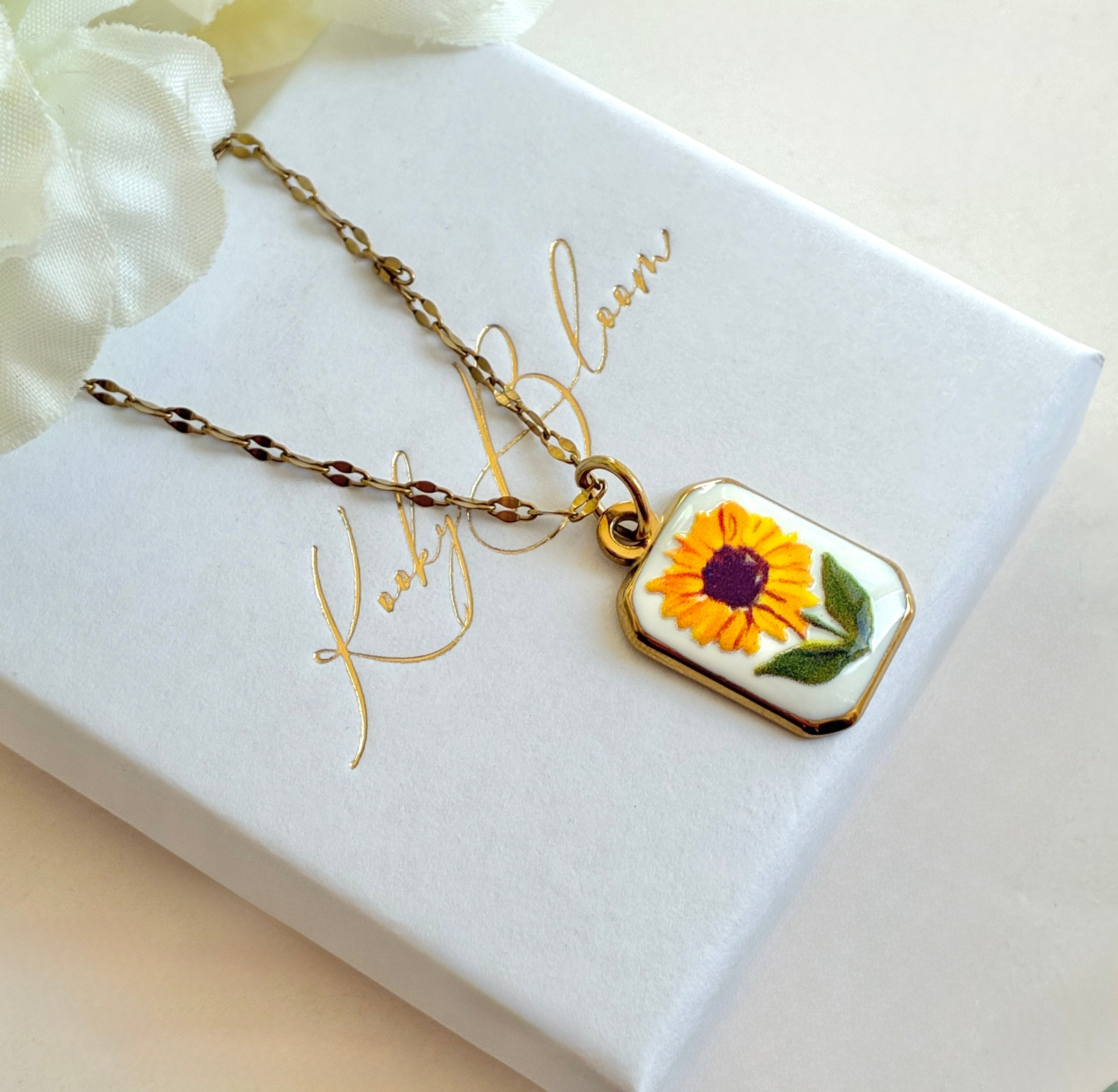 Gold Sunflower Tile Necklace.
