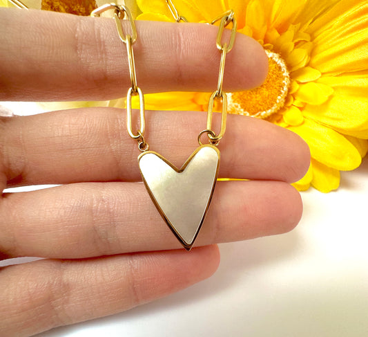 Gold Shell Heart Paperclip chain necklace.