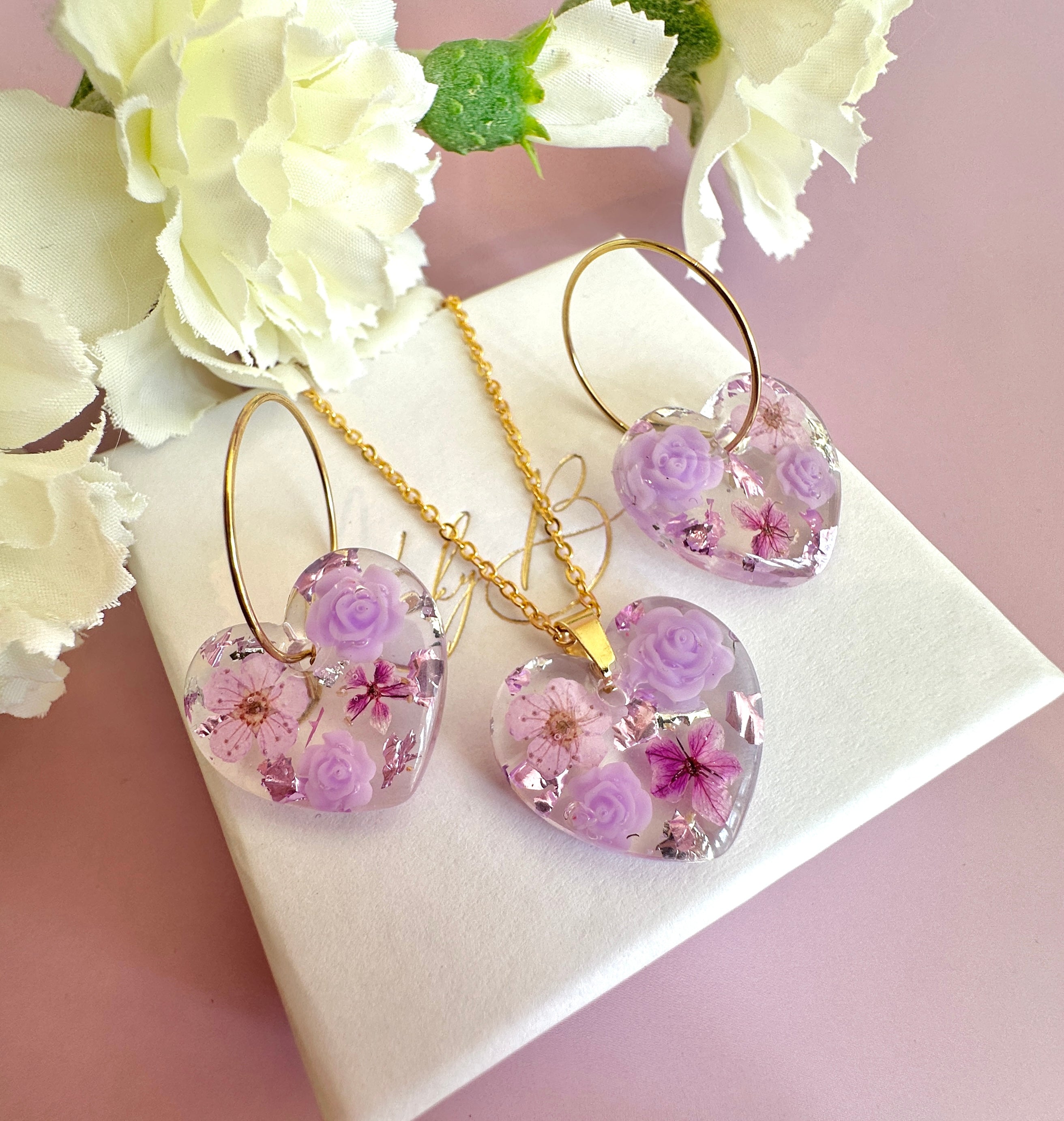 Gold Lilac Rose blossom heart Necklace