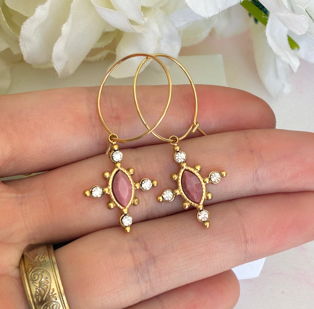 Gold Pink crystal cross hoop earrings.