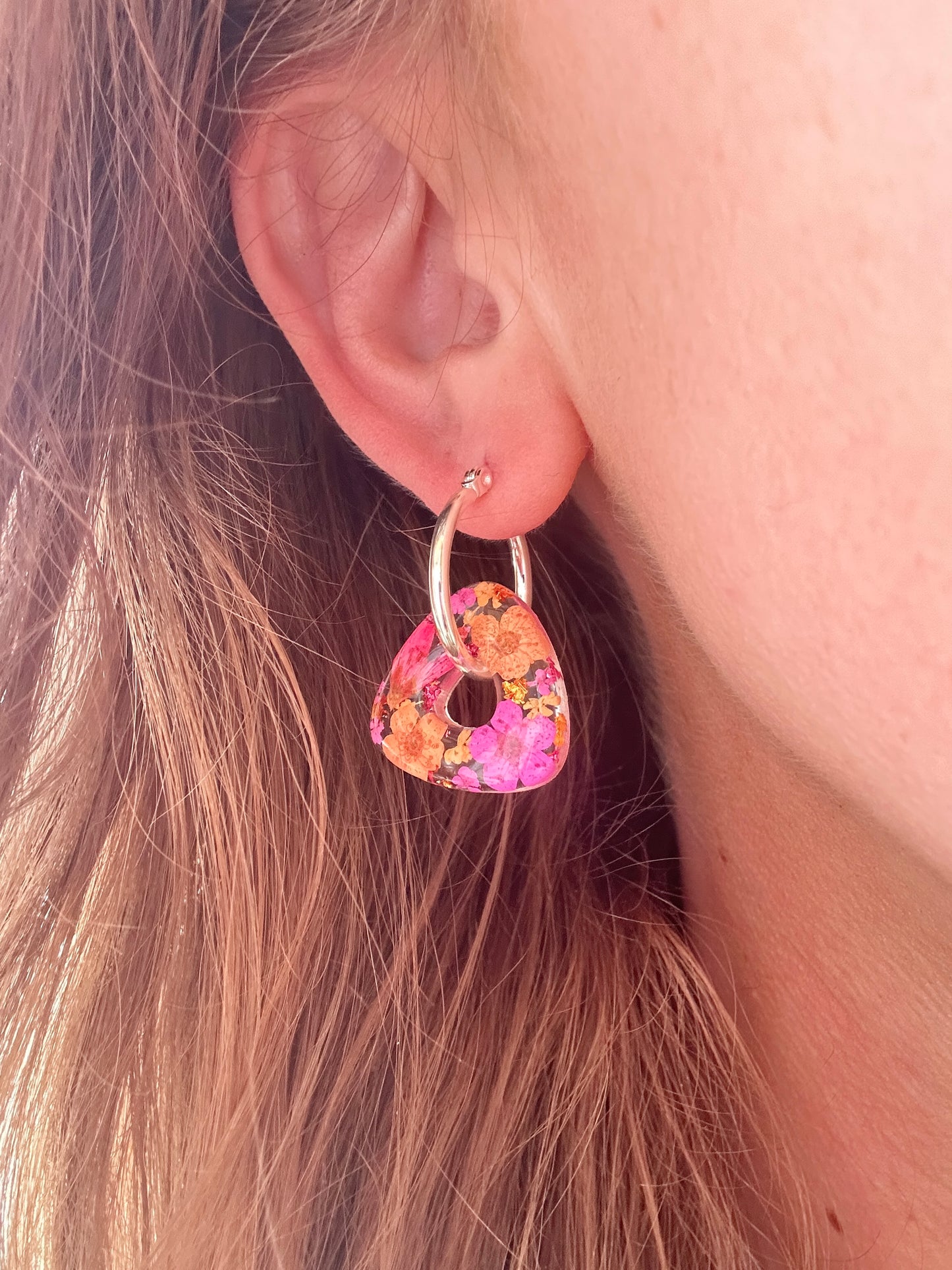 Neon Pink Orange Bloom Triangle Hoop earrings.